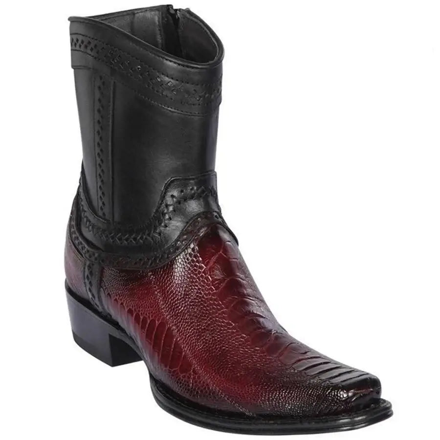 Los Altos Boots, Men's Ostrich Leather Short Boots with European Toe in Faded Wine Burgundy. (O si es de Pitón: "Premium Los Altos Boots, Genuine Python Leather with Wide Square Toe").