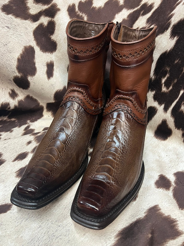 Los Altos Faded Brown Ostrich Leg Ankle Boot Style 76B0516