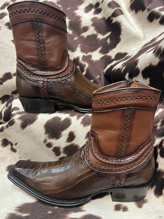 Los Altos Faded Brown Ostrich Leg Ankle Boot Style 76B0516