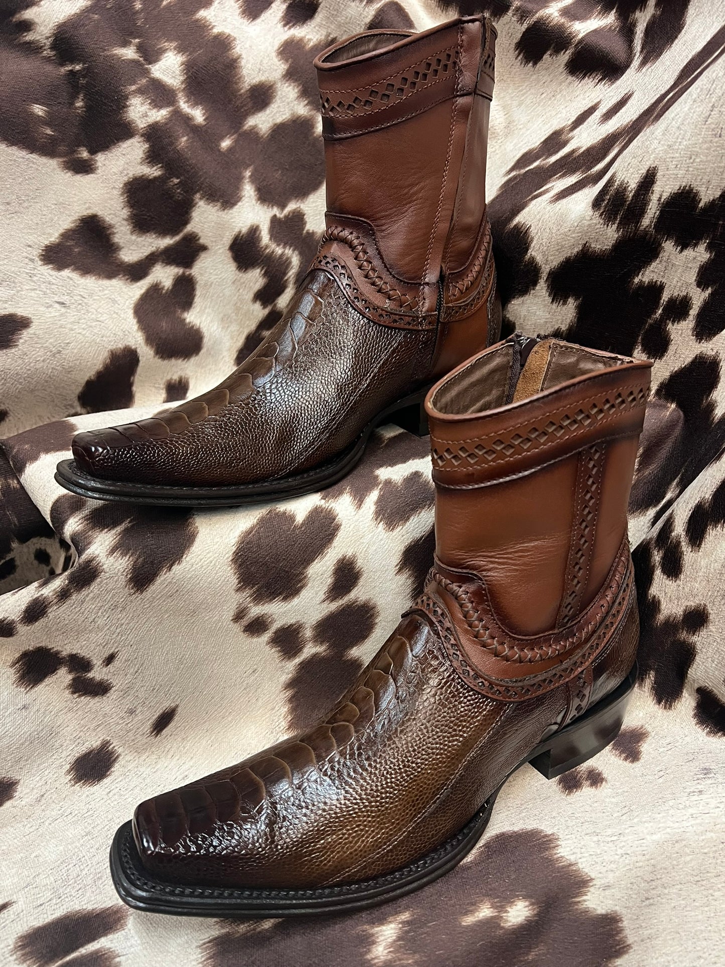 Los Altos Faded Brown Ostrich Leg Ankle Boot Style 76B0516