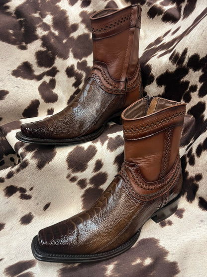 Los Altos Faded Brown Ostrich Leg Ankle Boot Style 76B0516