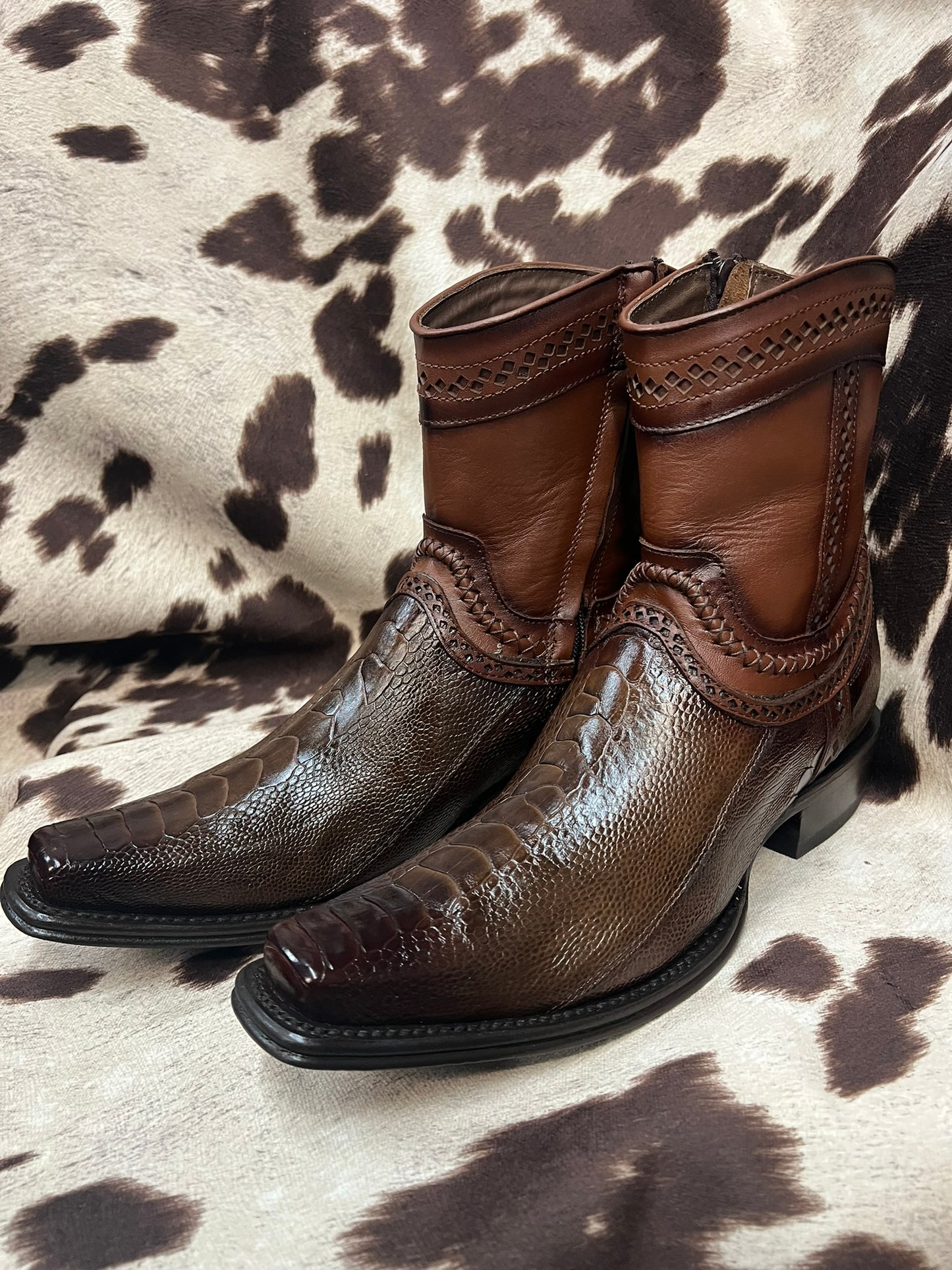 Los Altos Faded Brown Ostrich Leg Ankle Boot Style 76B0516